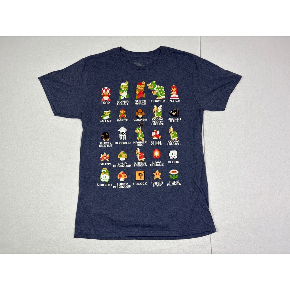 Nintendo Super Mario Bros Mens M Navy Blue 8-Bit Pixel Character Graphic T-Shirt